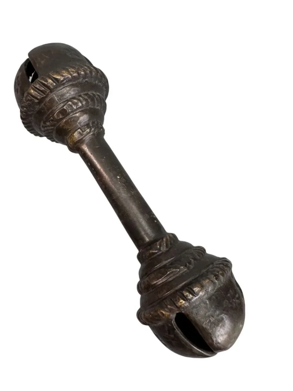 Antique Brass Baby Rattle Double Bell Primitive Nursery Decor 6 Inch 13 Oz - Picture 2 of 10